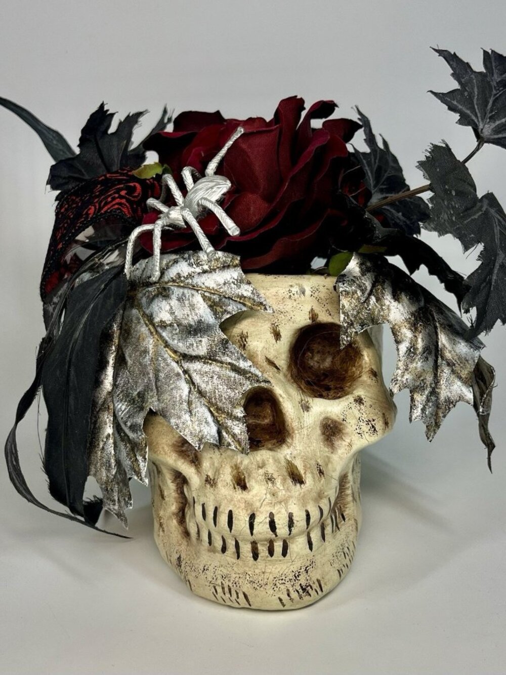 Gothic Skull Faux Floral Arrangement Centerpiece Spider Flowers Black Leaves